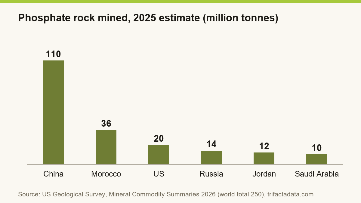 Bar chart: China 110, Morocco 36, United States 20, Russia 14, Jordan 12 and Saudi Arabia 10 million tonnes of phosphate rock in 2025.
